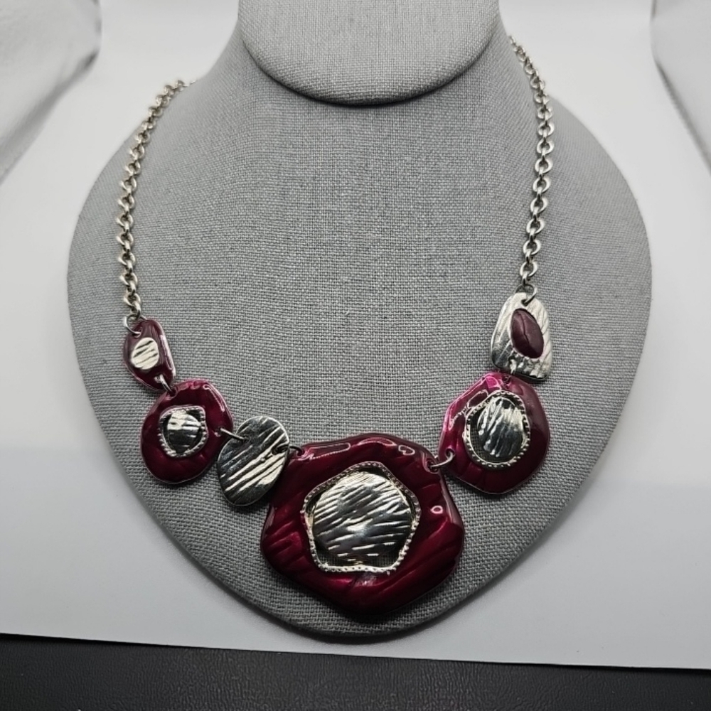 Elegant Silvertone and Deep Red Women's Necklace.  Approx 17" With 3.25" Ext